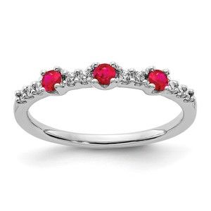 14k White Gold Diamond and Red Ruby (July Birthstone) 3-Stone Ring (Size 7)